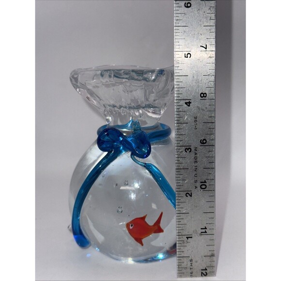 Murano Style Glass Goldfish In Bag Blue Tie Paperweight 4.25” Controlled Bubbles - Picture 6 of 7
